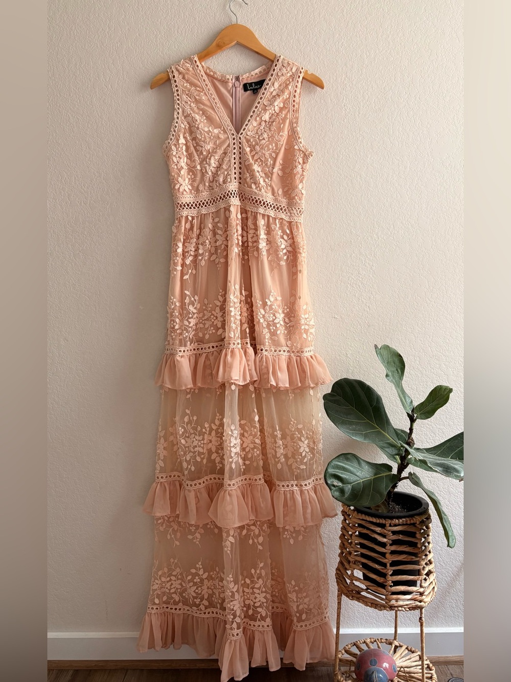 SOLD 
Lulus  Garden Dreams Blush Lace Tiered Maxi Dress Medium